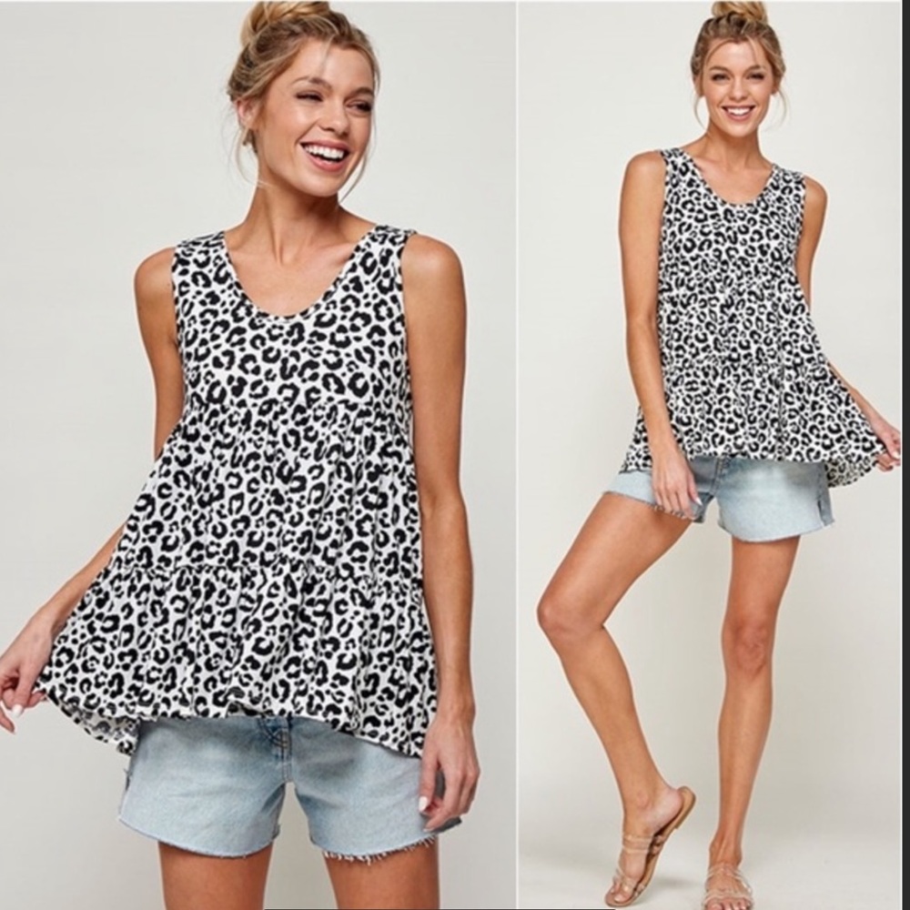 Women’s Leopard Print Sleeveless Tiered Ruffle Top Size S